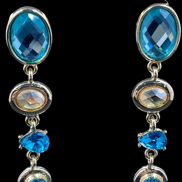 Long Crystal Drop Earrings Gold Tone Blue Pastel Statement Glam Event Jewelry - Picture 4 of 6